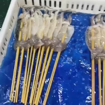 鱿鱼串，一串儿是35克，也有一串儿是45，也可以是70克